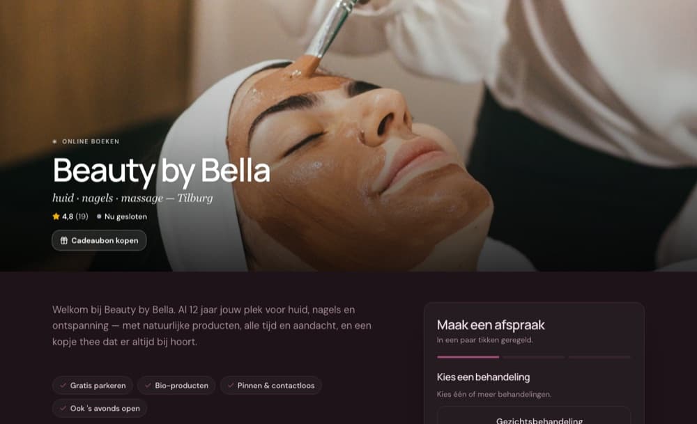 The booking page of example salon Beauty by Bella